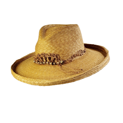 A yellow straw hat with a brass bead and cord crochet band, handmade.