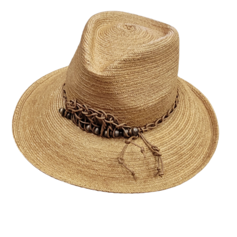 A beige straw hat with a wired brim and a brown band featuring raffia details, handmade in Australia.