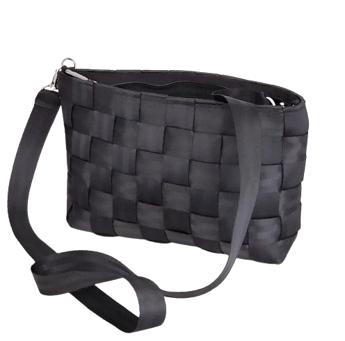 The 10 x 7 black, woven clutch bag with a long, detachable crossbody strap and a zipper closure.