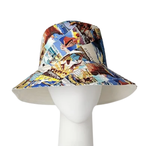 A multicoloured vintage print bucket hat with wide brim.