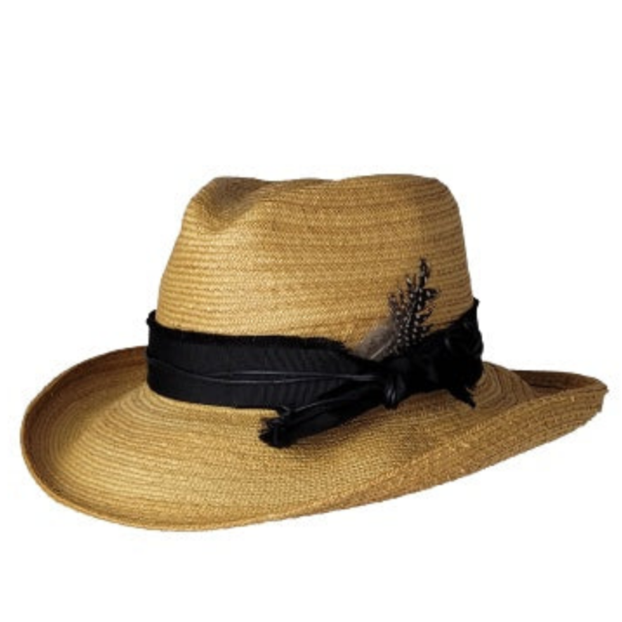 A beige colored straw hat with a black band and a feather detail, handmade.
