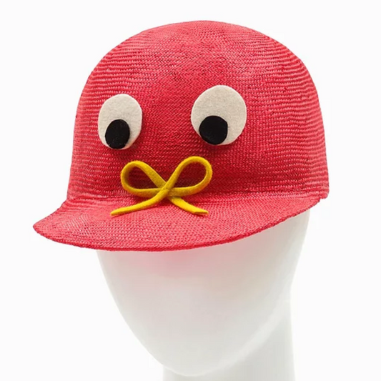 A red duck hat  with brim design, featuring a yellow ribbon around the brim.