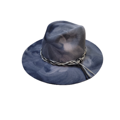 A denim blue hand dyed fur felt fedora with leather cord detail

