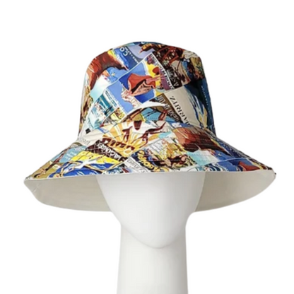 A multicoloured vintage print bucket hat with wide brim.