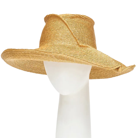 A beige wide brim straw hat with a wired edge displayed on a mannequin head.